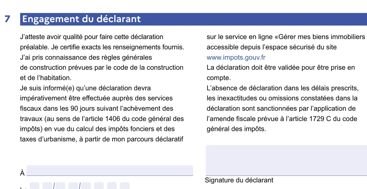 Cadre 7 du CERFA : engagement et signature du déclarant